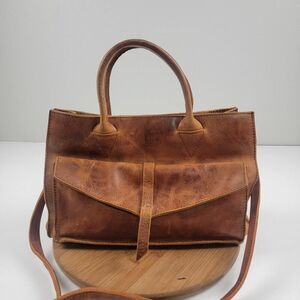 Raven + Lily, Large Leather Brown Purse, Top Handles & Shoulder Strap Distressed